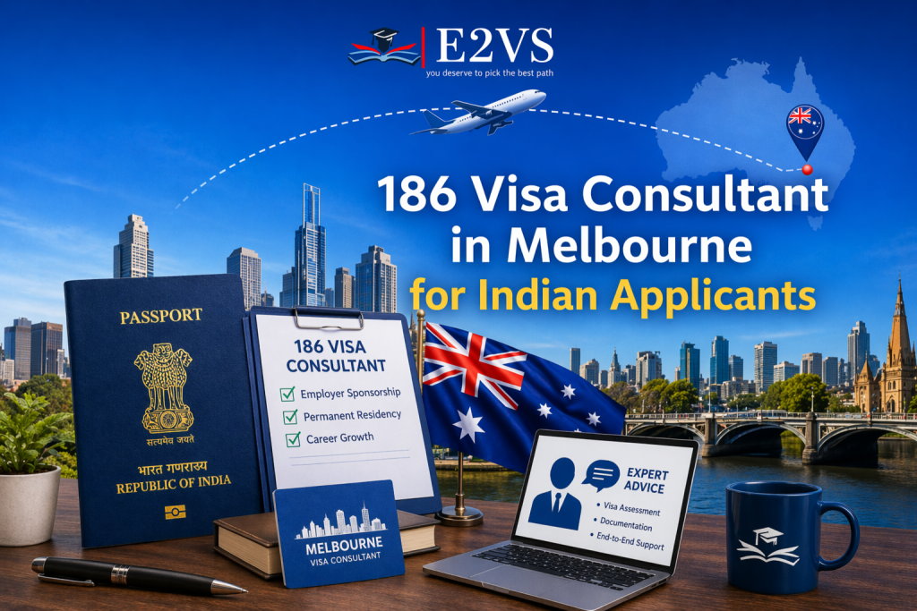 186 visa consultant in Melbourne for Indian applicants with passport, Australia flag, and job sponsorship concept