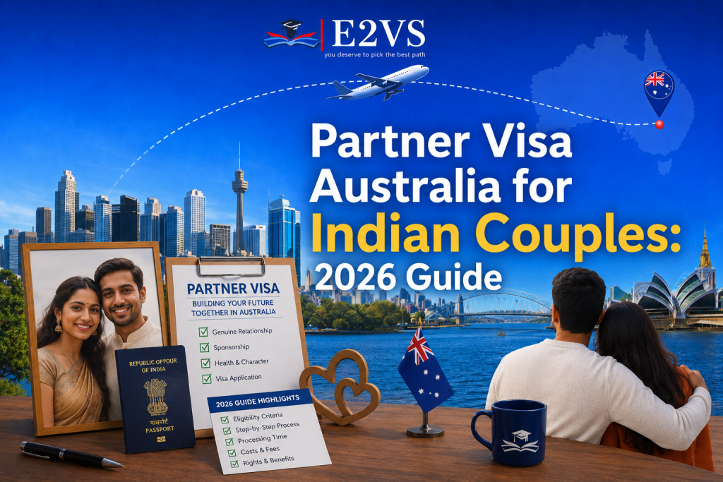 Partner Visa Australia for Indian Couples 2026 guide with Australian skyline, Indian couple, passport, and visa checklist